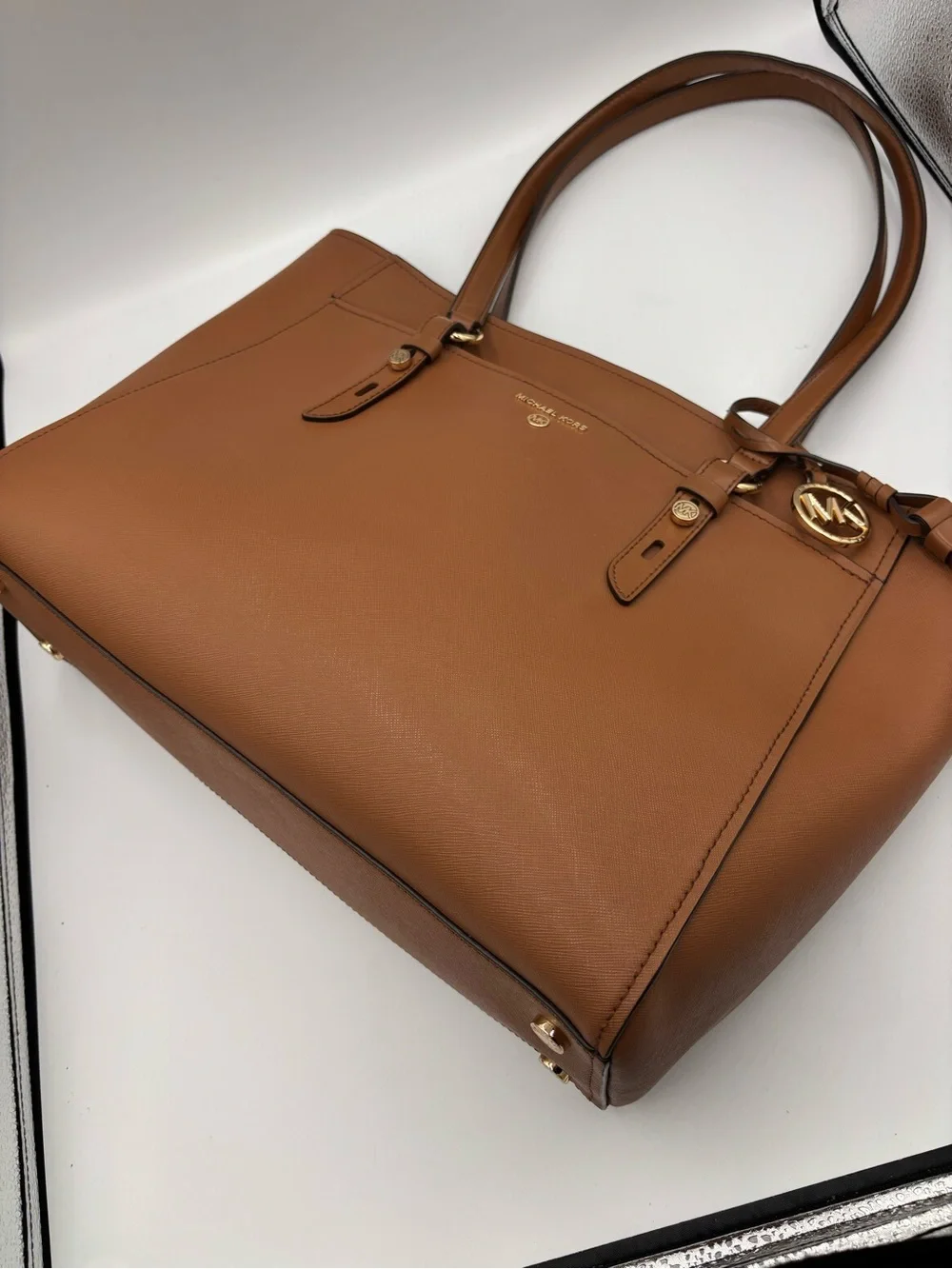 Michael Kors Large Brown Leather Tote Shoulder Bag Gold MK Charm Tassel